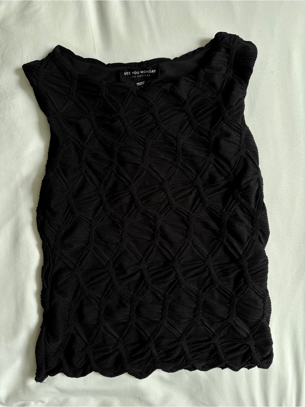 SEE YOU MONDAY textured black tank top